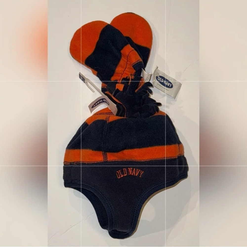 Old Navy Boy’s Blue Orange Pom Trapper Hat with Mittens, M (2T-3T)